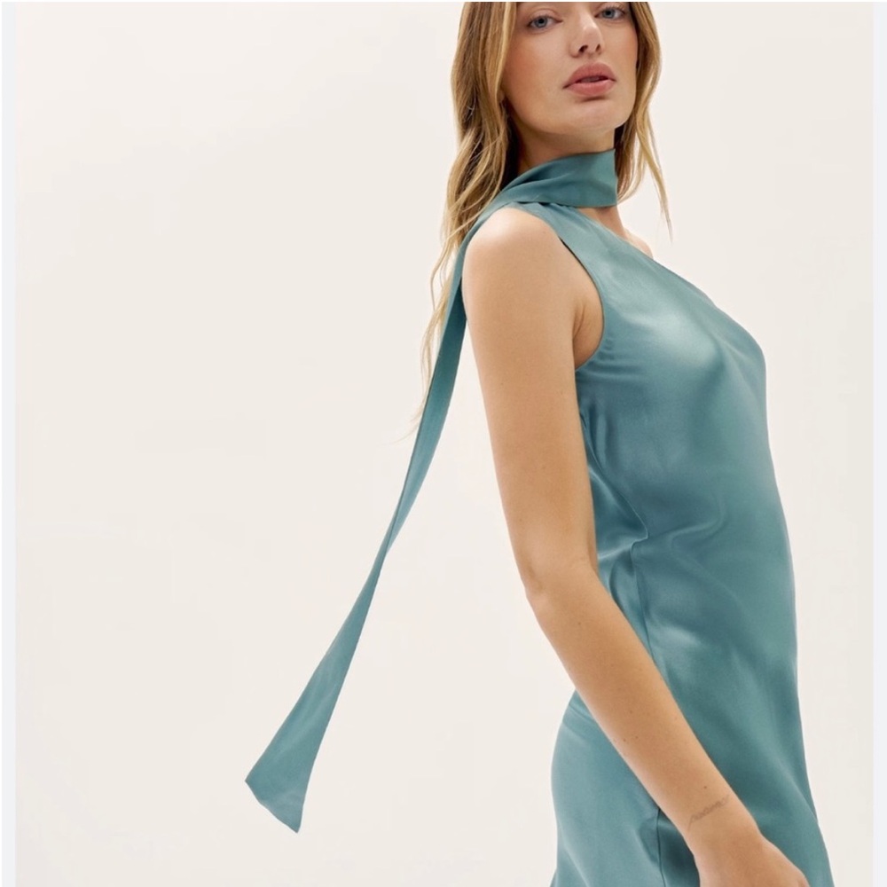 Reformation Teal Satin Tie-Neck Slip Dress